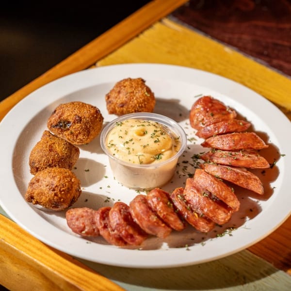A plate of Nola Voodoo Tavern's creole hush puppies and sliced sausage with a dipping sauce.
