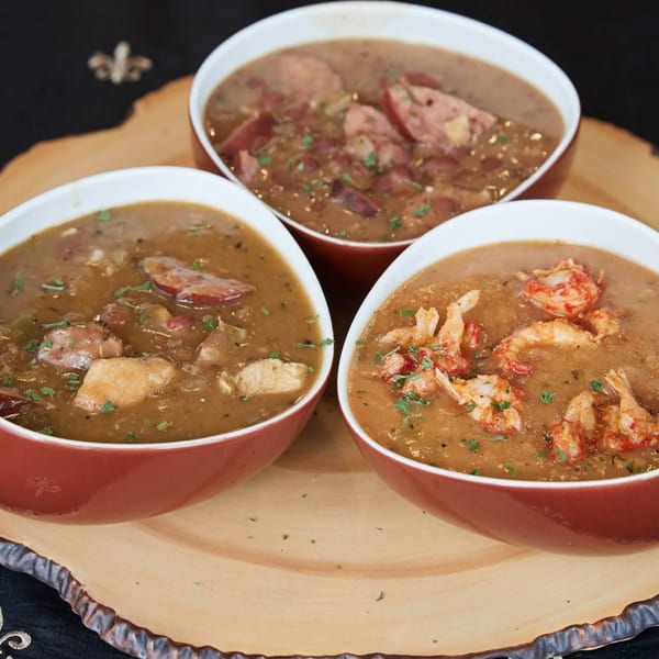 Three bowls of Nola Voodoo Tavern's creole gumbo, with chicken, sausage, and crawfish.